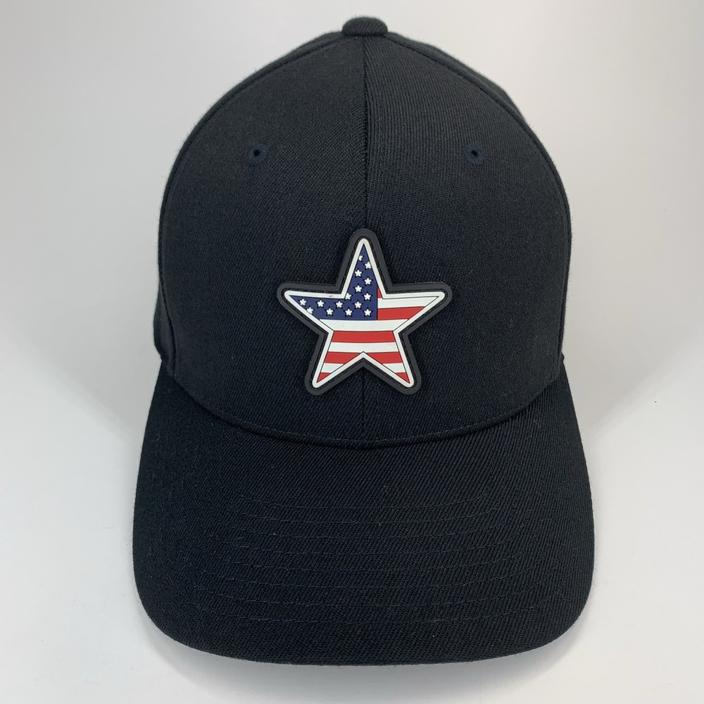 USA Flag Star Patch Hat Black Branded Bills S-M Flexfit Stretch Baseball Cap